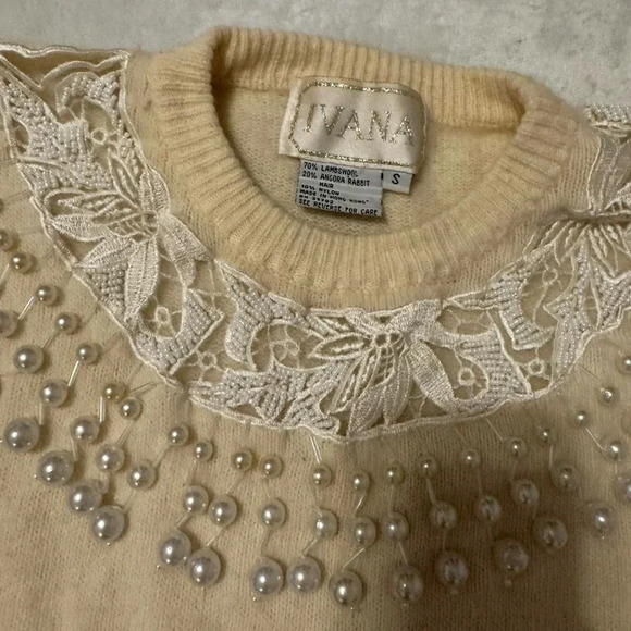 Vintage 80s Sweater with Beaded Pearl Embellishments and Lace Trim - Picture 2 of 8